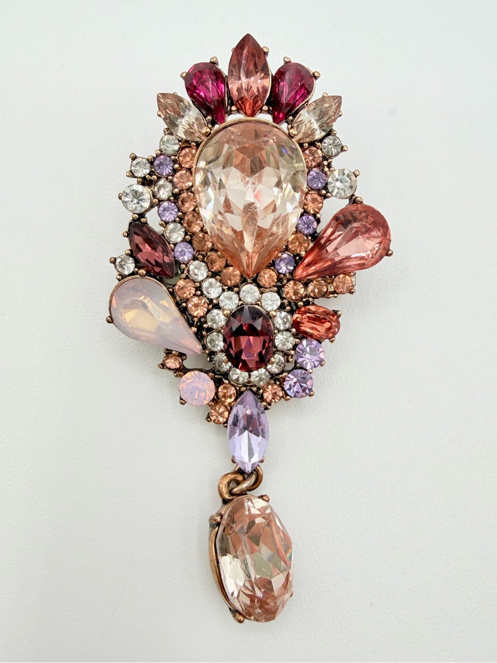 Vintage-Inspired Pink and Purple Crystal Drop Brooch